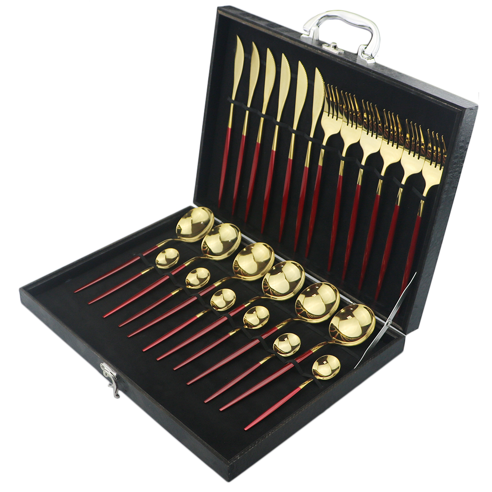 24Pcs Red Gold Cutlery Set 304 Stainless Steel Dinnerware Set Shiny Colorful Flatware Set Gold Tableware Kitchen Silverware