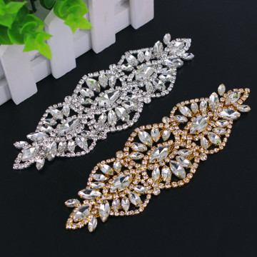 1 Pair handmade crystal brilliant applique with stone tassel silver rhinestone applique trim for bridal wedding belt DIY sewing