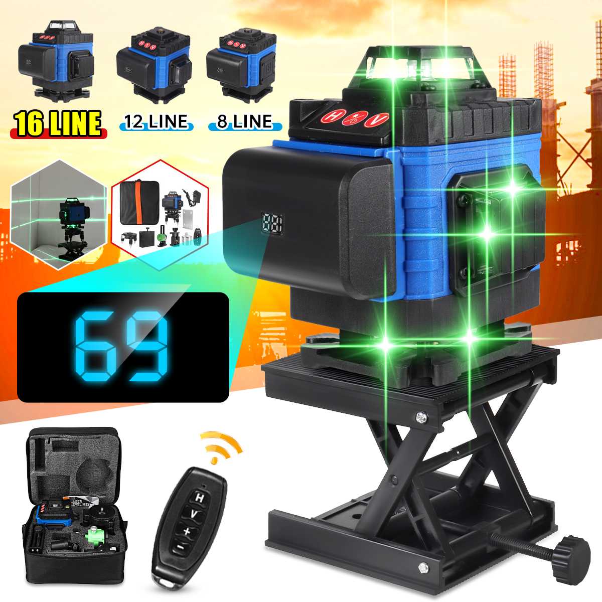 8/12/16 Lines 4D Green Laser Level Self-Leveling Wireless Remote With Digital Battery