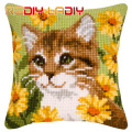 Cross Stitch Cushion Playing Kitten Make Your Own Pillow DIY Chunky Cross Stitch Kit Pre-Printed Canvas Acrylic Yarn Pillow Case