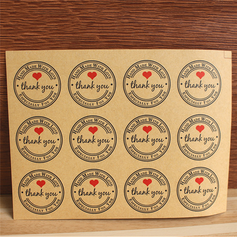 12/60/120PCS Round Labels Paper Bag Kraft Thank You Stickers Thank You Red Love Self-adhesive Stickers Garment Labels