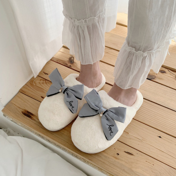 Women`s Winter Home Slippers With Bow Indoor Shoes Faux Fur Furry Slippers For Girls Soft Hairy Slides Bedroom Slipper Shoes