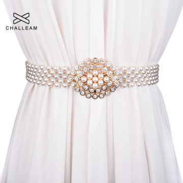 Luxury Women Pearl Belt For Dress Elegant Floral Buckle Full Plastic Pearl Decoration Rhinestone Wedding Belt Elastic Waist 121
