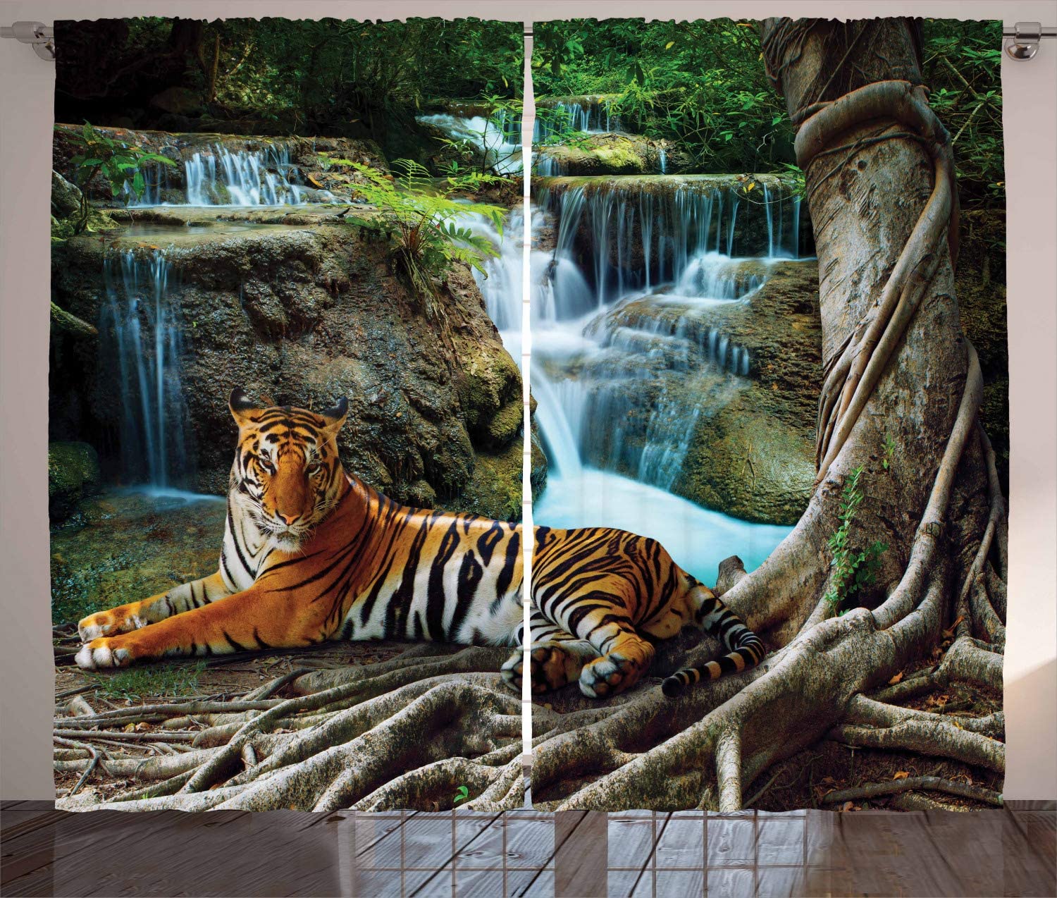 Safari Window Curtains Indochina Tiger Laying Under Banyan Tree Against Limestone Waterfall Relaxing Nature Living Room Decor