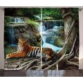 Safari Window Curtains Indochina Tiger Laying Under Banyan Tree Against Limestone Waterfall Relaxing Nature Living Room Decor