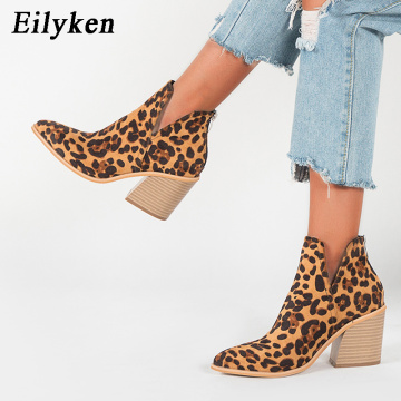EilyKen Boots Women Early Winter Ankle Leopard Mid Heel Shoes Female Slip-On Casual Black Square Heel Booties zapatos de mujer
