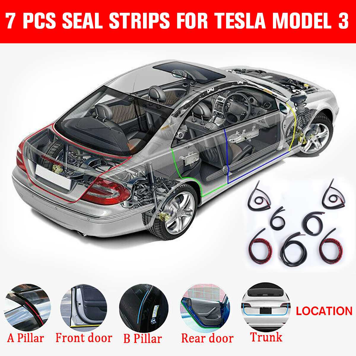 NEW 7PCS Door Seal Kit Soundproof Wind Noise Reduction Car Door Trim Moulding Rubber Weatherstrip Seal Strip for Tesla Model 3