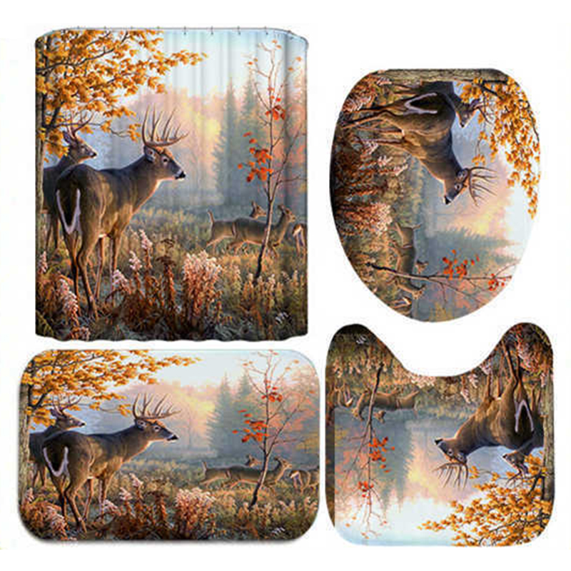 Autumn Forest Deer Bathroom Shower Curtain Bath Mat Toilet Cover Rug Decor Set Flannel + PVC Mesh Bottom