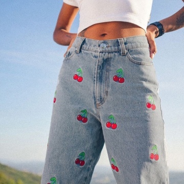 Women High Waisted Pencil Jeans Cute Cherry Embroidery Denim Pants Slim Trousers