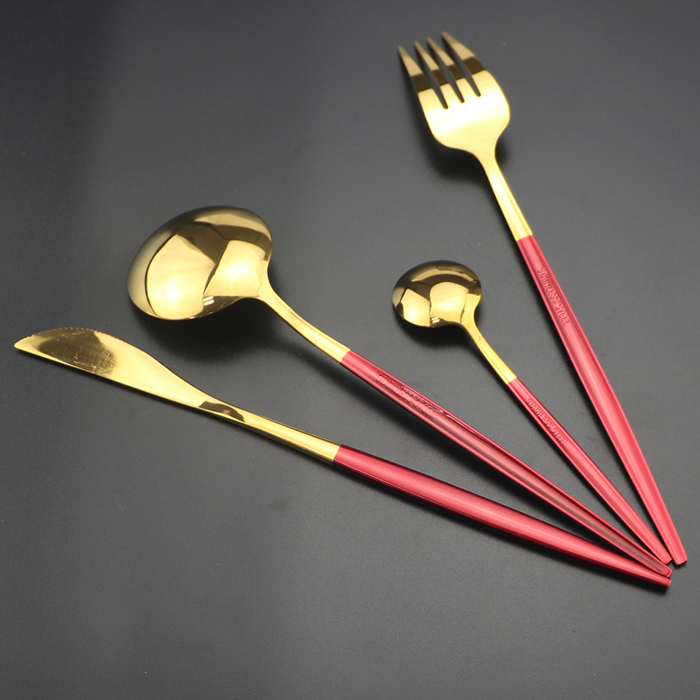 24Pcs Red Gold Cutlery Set 304 Stainless Steel Dinnerware Set Shiny Colorful Flatware Set Gold Tableware Kitchen Silverware