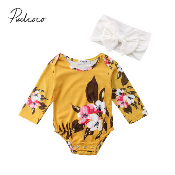 2018 Brand New Newborn Toddler Infant Baby Girl Long Sleeve Floral Romper+Headband 2Pcs Casual Outfits Clothes Jumpsuit Playsuit