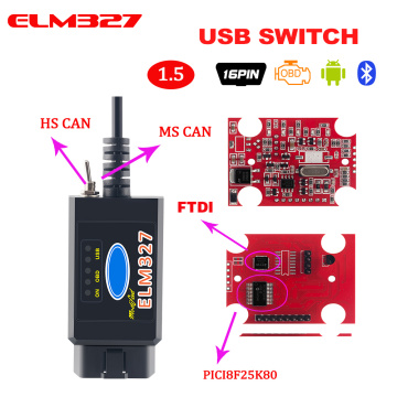 PIC1825K80 ELM327 USB V1.5 For Ford FTDI chip with switch HS/MS OBD 2 CAN For Forscan car diagnostic Tool & elm 327 usb Version