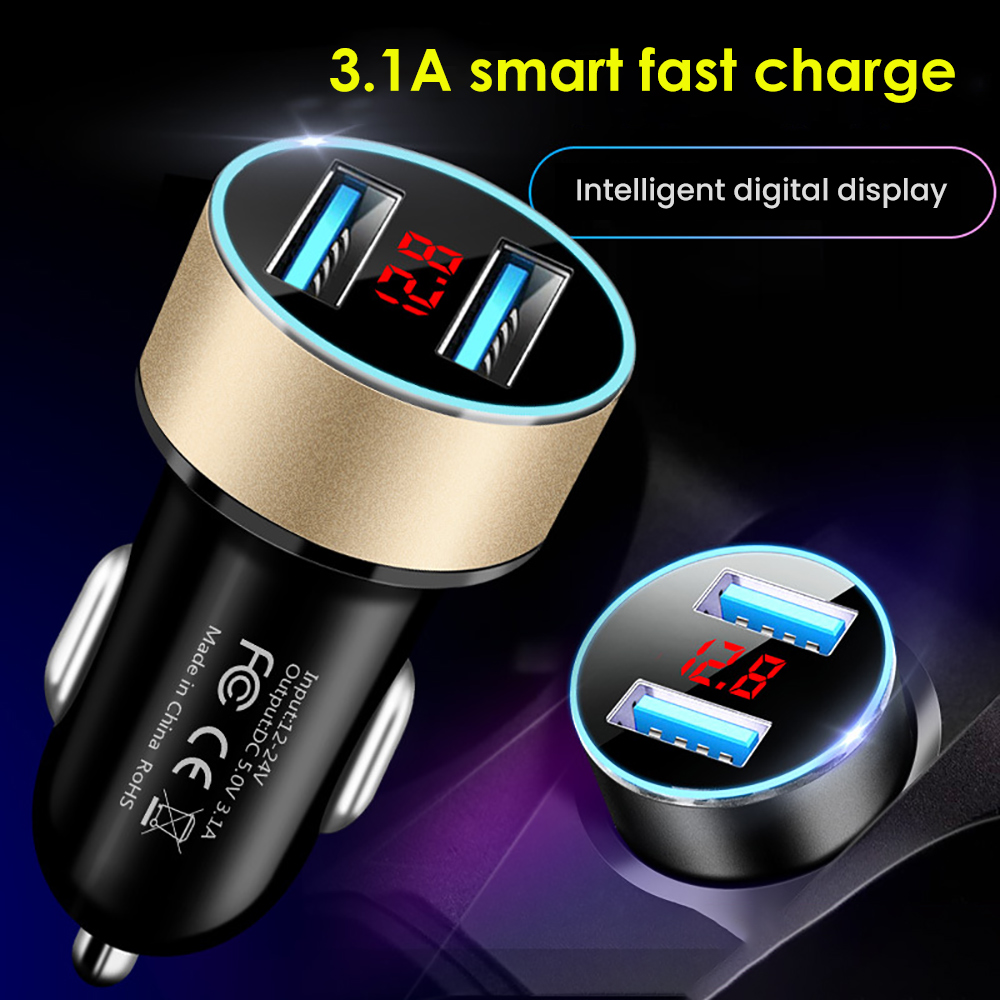 AOSHIKE Mini Multi-function Car Charger LED Display Car Charger 3.1A Dual USB Car Charger Smart Voltage / Current Indication