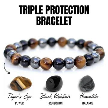 Fashion Natural Stone Bracelet Tiger Eye Triple Protection Hematite and Black Obsidian Bracelet