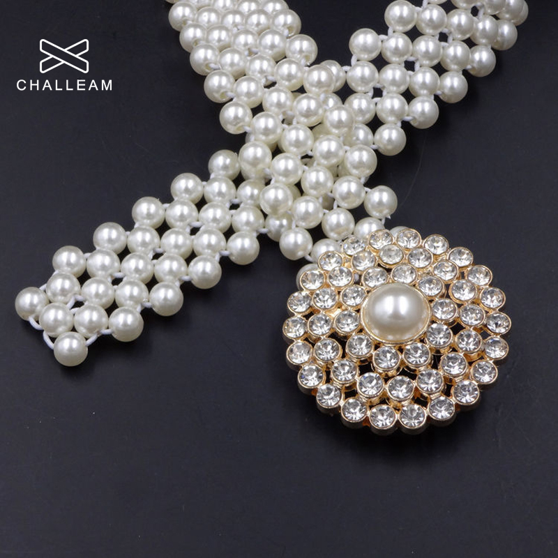 Luxury Women Pearl Belt For Dress Elegant Floral Buckle Full Plastic Pearl Decoration Rhinestone Wedding Belt Elastic Waist 121