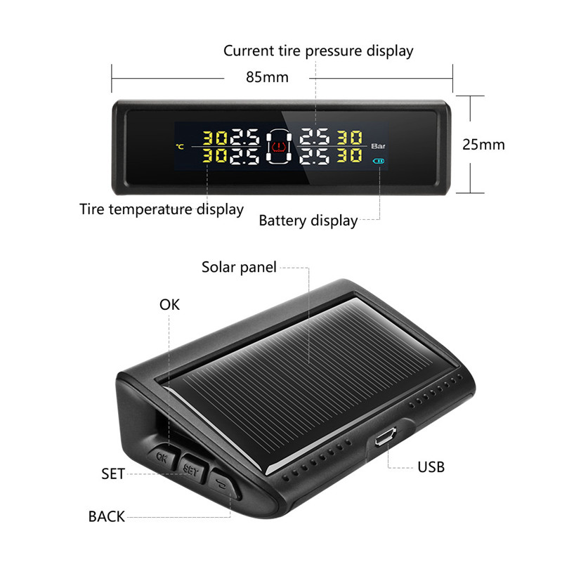 Jansite TPMS Car alarm Tire Pressure sensors Monitoring Intelligent System Solar Power USB charge LED Display 4 Internal Sensors