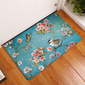 Chinese Painting Peach Blossom Magnolia Cage Birds Cartoon Owls Doormat Kitchen Mat Welcome Rug No-Slip Runner Rug Blue White