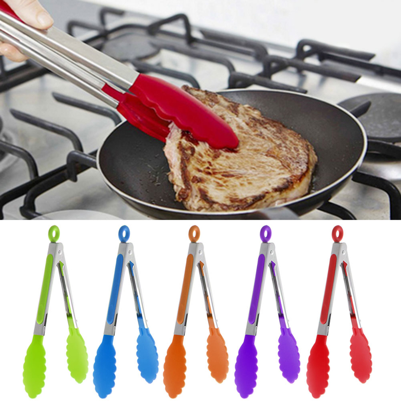 NEW Silicone Kitchen Cooking Salad Serving BBQ Tongs Stainless Steel Handle Utensil 5 color