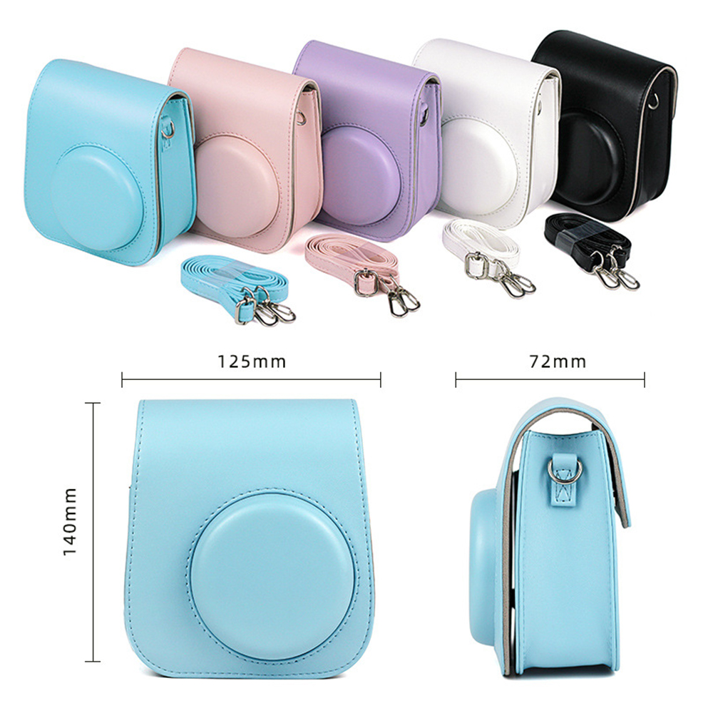 For Fujifilm Instax Mini 11 Instant Film Camera PU Leather Bag Case Cover Shell with Shoulder Strap Pink/Blue/Purple/Gray/White