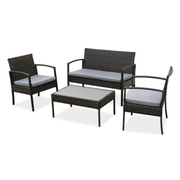 4 PCS Outdoor Patio Rattan Wicker Furniture Set Including 1 Long Rattan Bench, 2 Rattan Chair and 1 Coffee Table