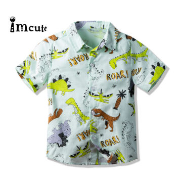 Imcute Summer Clothes For Kids Boys Toddler Short Sleeve Dress Shirt Cartoon Dinosaur Printed Lapel Neck Shirts Baby Tops