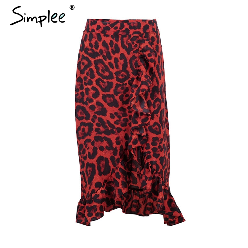 Simplee Sexy leopard midi pencil skirt women Autumn high waist ruffle red girl skirts 2018 Vintage female korean winter skirt