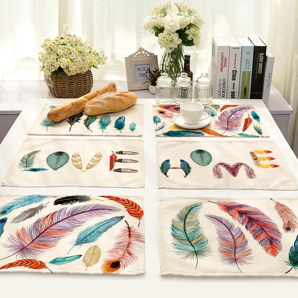 Bird Feather Printing Placemat Dining Table Mats Pad Coaster Table Cloth Waterproof Kitchen Accessories Decoration Home Hotel