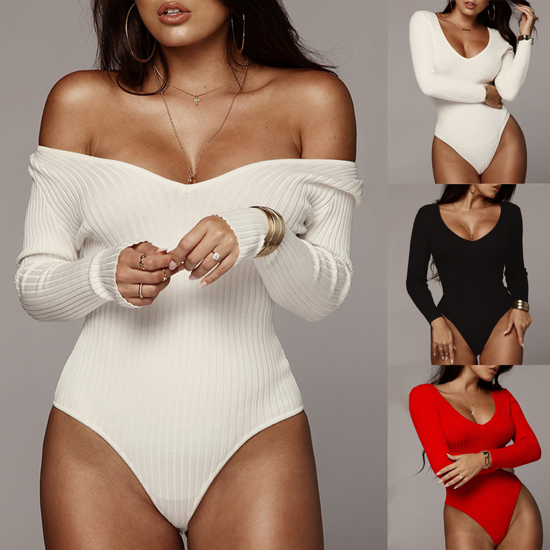 Autumn Winter Sexy Black off Shoulder Bodysuits Skinny Stretch Long Sleeve Bodysuit Women Shirt Chic Body mujer jumpsuits