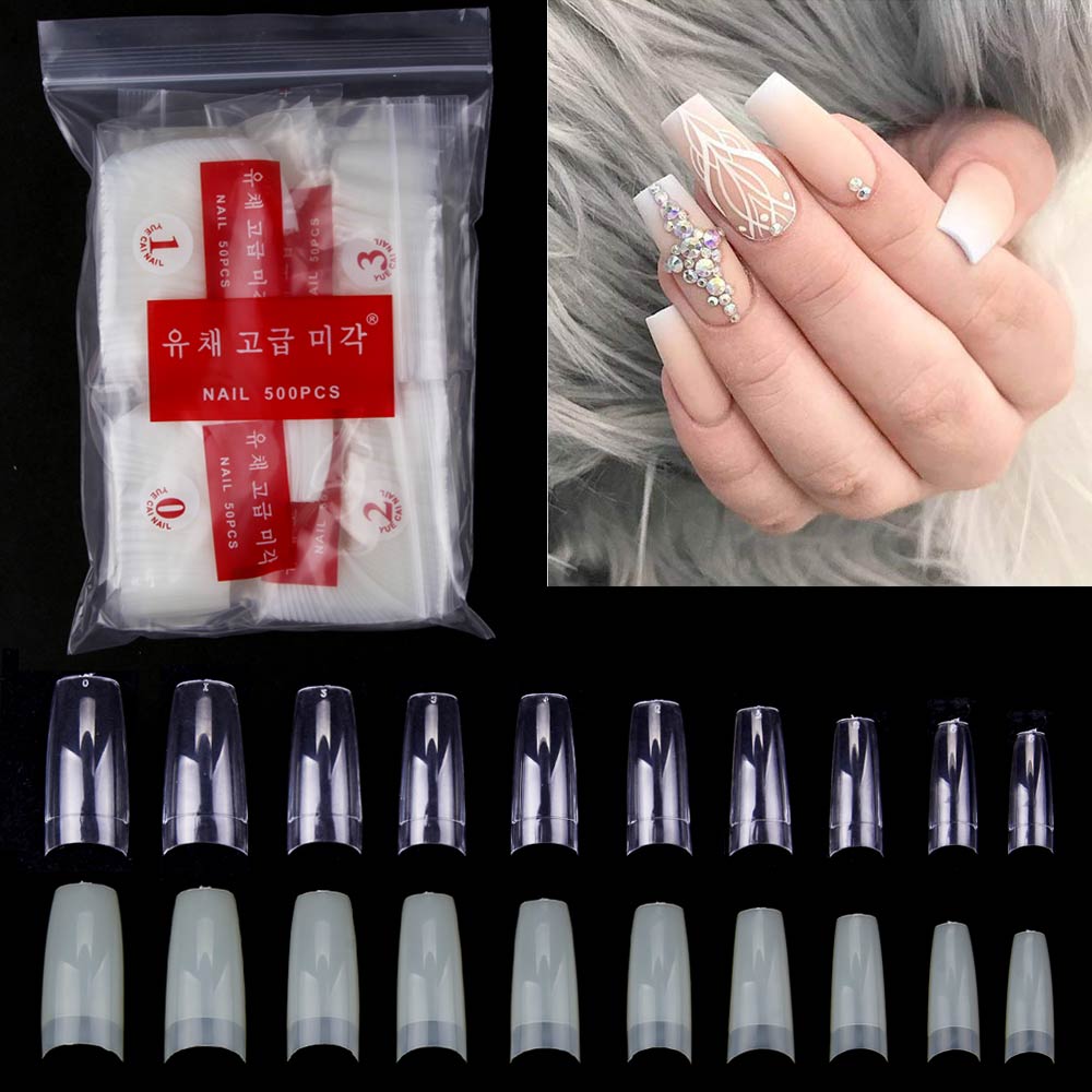500Pcs/Bag Artificial False Nails Tips Natural/White/Clear Nail Capsule Fake Fingernails Acrylic Nails Coffin Tips Manicure Tool