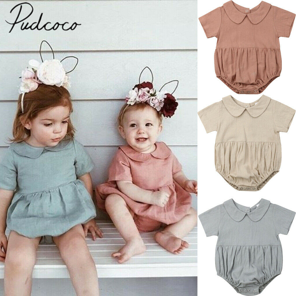 2019 Baby Summer Clothing Cute Infant Baby Girls Boys Solid Bodysuits Peter Pan Collar Jumpsuits Outfits Clothes Casual Playsuit