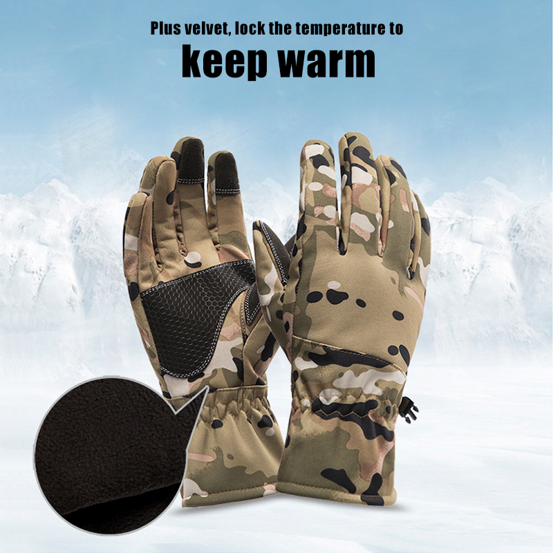 Queshark Women Men Winter Camouflage Hunting Gloves Warm Anti-slip Fishing Gloves Waterproof Touch Screen Skiing Camping Gloves