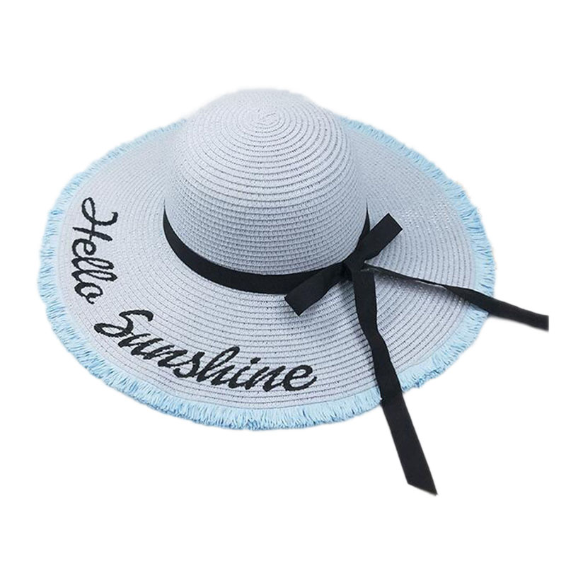 2018 Personalized Letter Embroidery Hello Sunshine Fringed Beach Hat Summer Straw Hat For Women Honeymoon Nautical Floppy Hat