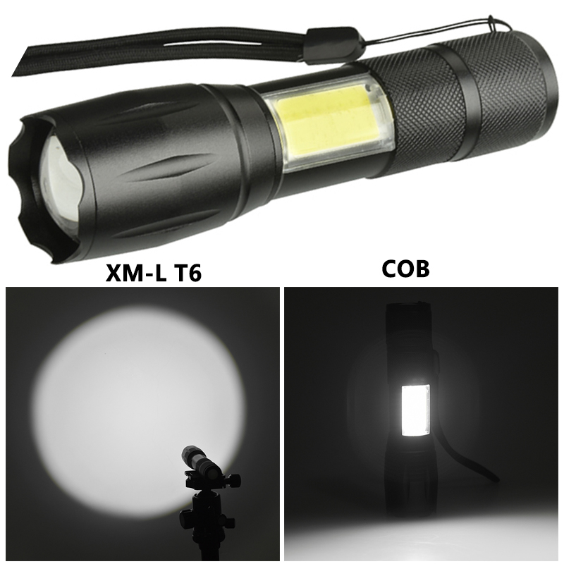 103C USB Rechargeable LED Flashlight XML-T6 & COB Waterproof Aluminum Torch 4 Modes Zoomable for Camping 18650 Battery Lantern