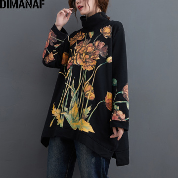 DIMANAF Plus Size Women Hoodies Sweatshirts Pullover Lady Tops Floral Print Turtleneck Autumn Winter Cotton Thick Loose Clothing