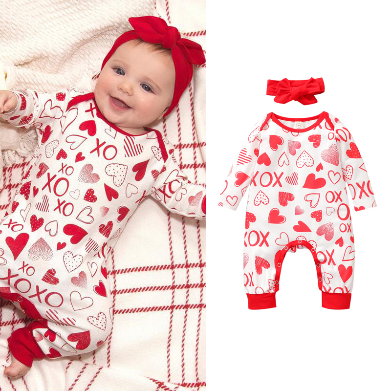FOCUSNORM Valentine's Day Infant Baby Girls Boys Rompers Letter Print Long Sleeve Button Spring Jumpsuits