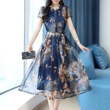 Chiffon Plus Size Women belt Short Sleeve O-neck Tea-length A-line Floral Print Dark Blue Purple Hpliday Cocktail Dresses 9755