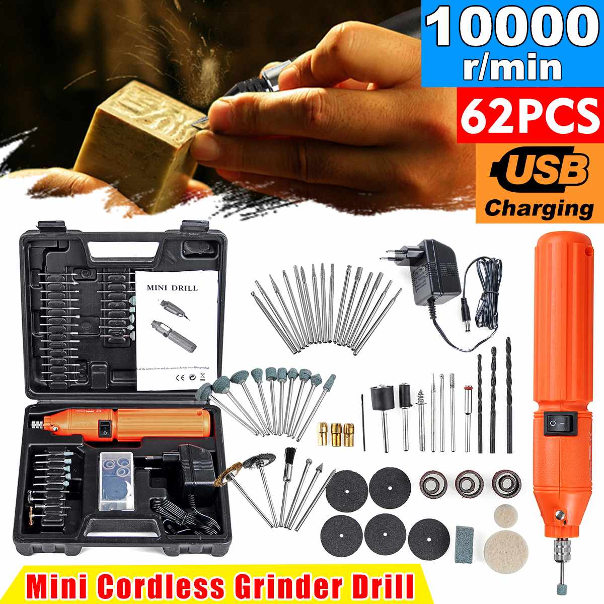 10000RPM Mini Electric Drill Engraver Machine Cordless Rotary Polishing Carving Grinder with 60pcs Drill Bits Accessories