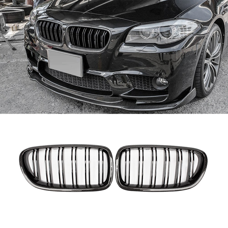 Car Carbon Fiber Glossy Double Slats Front Kidney Grille Grill For-BMW 5 Series F10 F11 M5 2010-2016