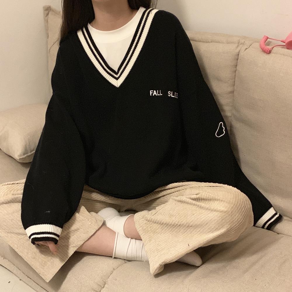 Sweaters Women Ulzzang Letter Chic Vintage V-neck Daily Oversize Preppy Girls Knitwear Fall Casual All-match Ins Womens Sweater