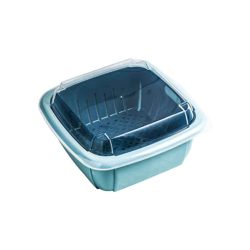 1 PCS Kitchen Double-layer Plastic Sealed Fresh-keeping Box Draining Vegetables Blue Fruit Basket Vegetable Washing Basket