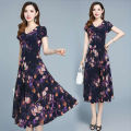 Plus Size Summer Chiffon Floral Print Short Sleeve V-neck Tea-length A-line Purple Yellow Red Elegant Women Cocktail Dresses