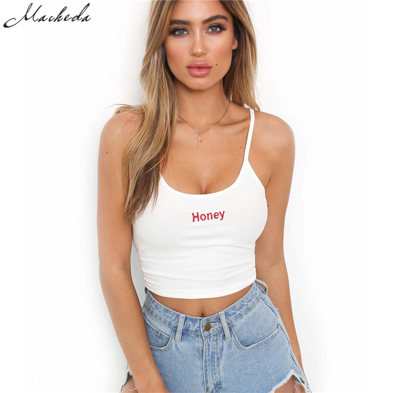 Macheda 2018 New Fashion Women Tank Tops Red White Letter "Honey" Print Sexy Casual Sleeveless Camisole Crochet Croptop