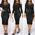 2020 New African Cloths Sexy Black Mesh Stitching Sequin Strapless Dresses