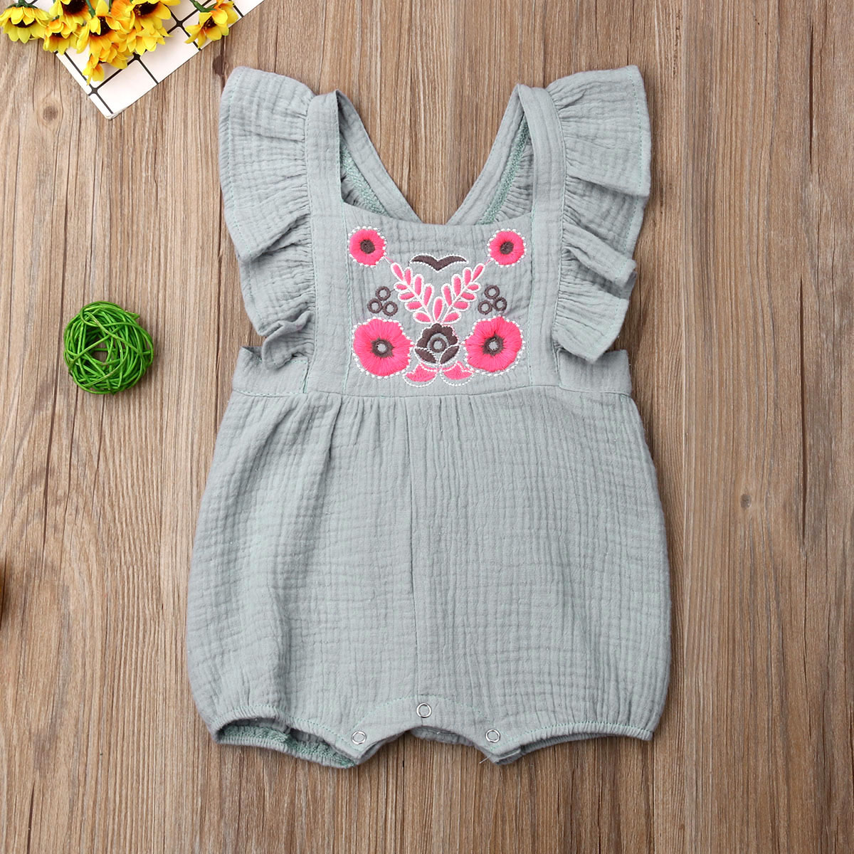 Pudcoco Newborn Baby Girl Romper Flower Embroidery Fly Sleeve Romper Jumpsuit Outfit Sunsuit