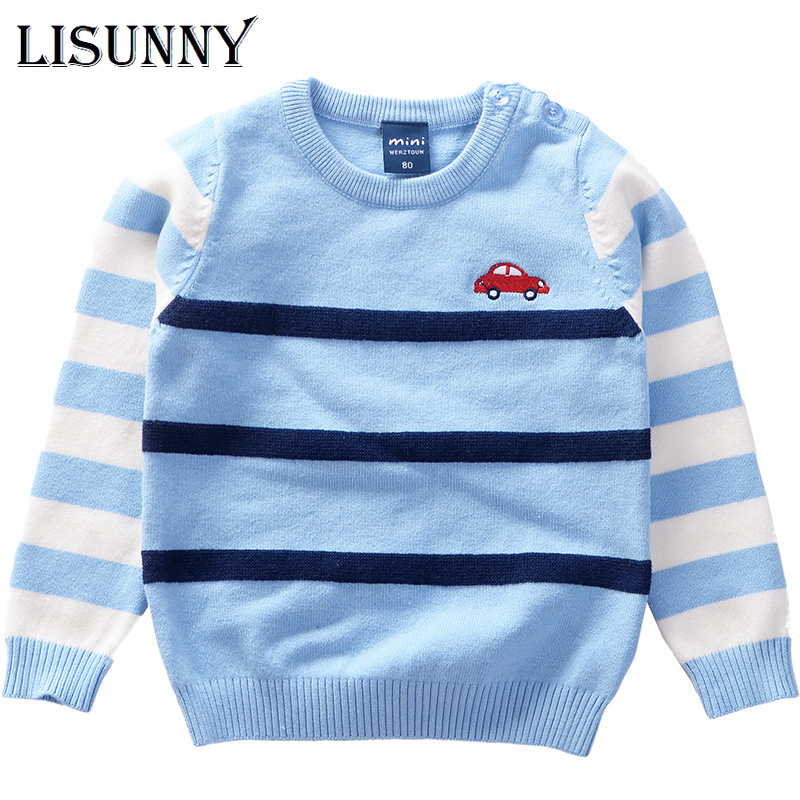 20 New Autumn Winter Kids Boys Pullover Sweater Single Embroidery Car Top Children Striped Sweater Baby Knit Clothes 1-6Y