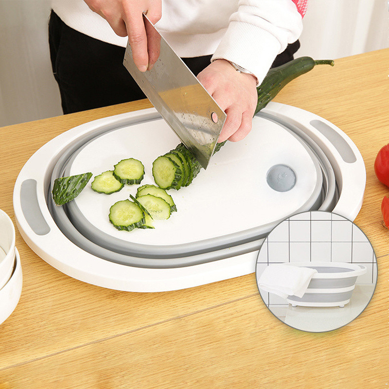 Multi-Function 3 In 1 Folding Cutting Board Kitchen Chopping Blocks Collapsible Dish Tub Washing Strainer Rack Vegetable Basket
