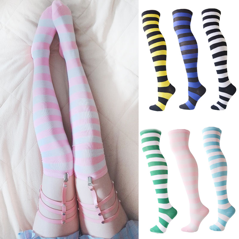 New Women Knee High Socks Stockings Candy Color Striped Striped Thigh High Socks Winter Autumn Warm Long Socks