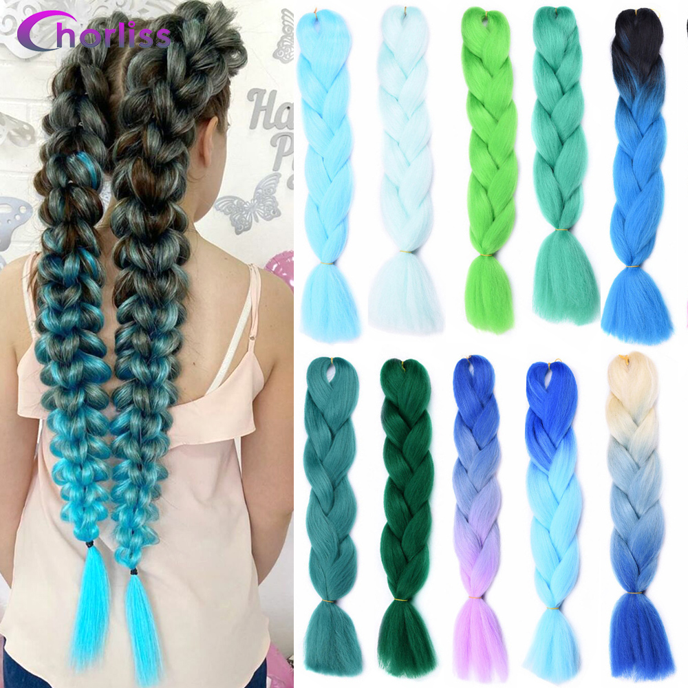 Chorliss 24" Straight Jumbo Ombre Braiding Hair BlackTEmerald Green Synthetic Hair Extensions Crochet Braids 100g/pack