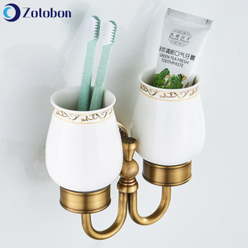 ZOTOBON Bathroom Cup Holders Cup Tumbler Holder Toothbrush Toothpaste Brass Ceramic Double Cup Holder Bathroom Accessories H203