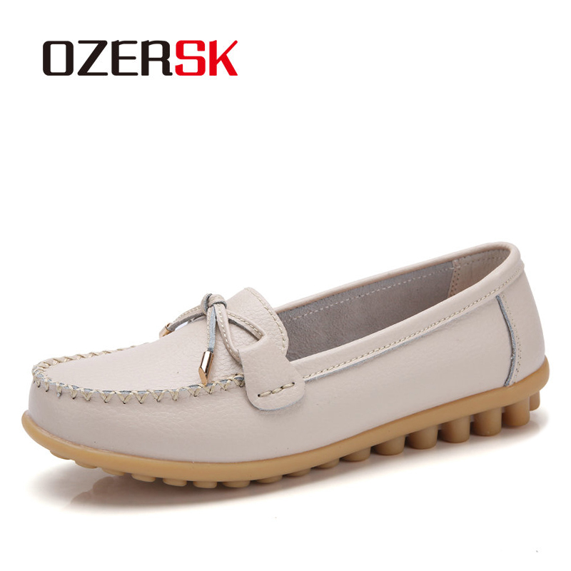 OZERSK Genuine Leather Flats Casual Slip On Loafers Woman Shoes Comfortable Soft Bottom Flat Shoes Vintage Style Woman Footwear